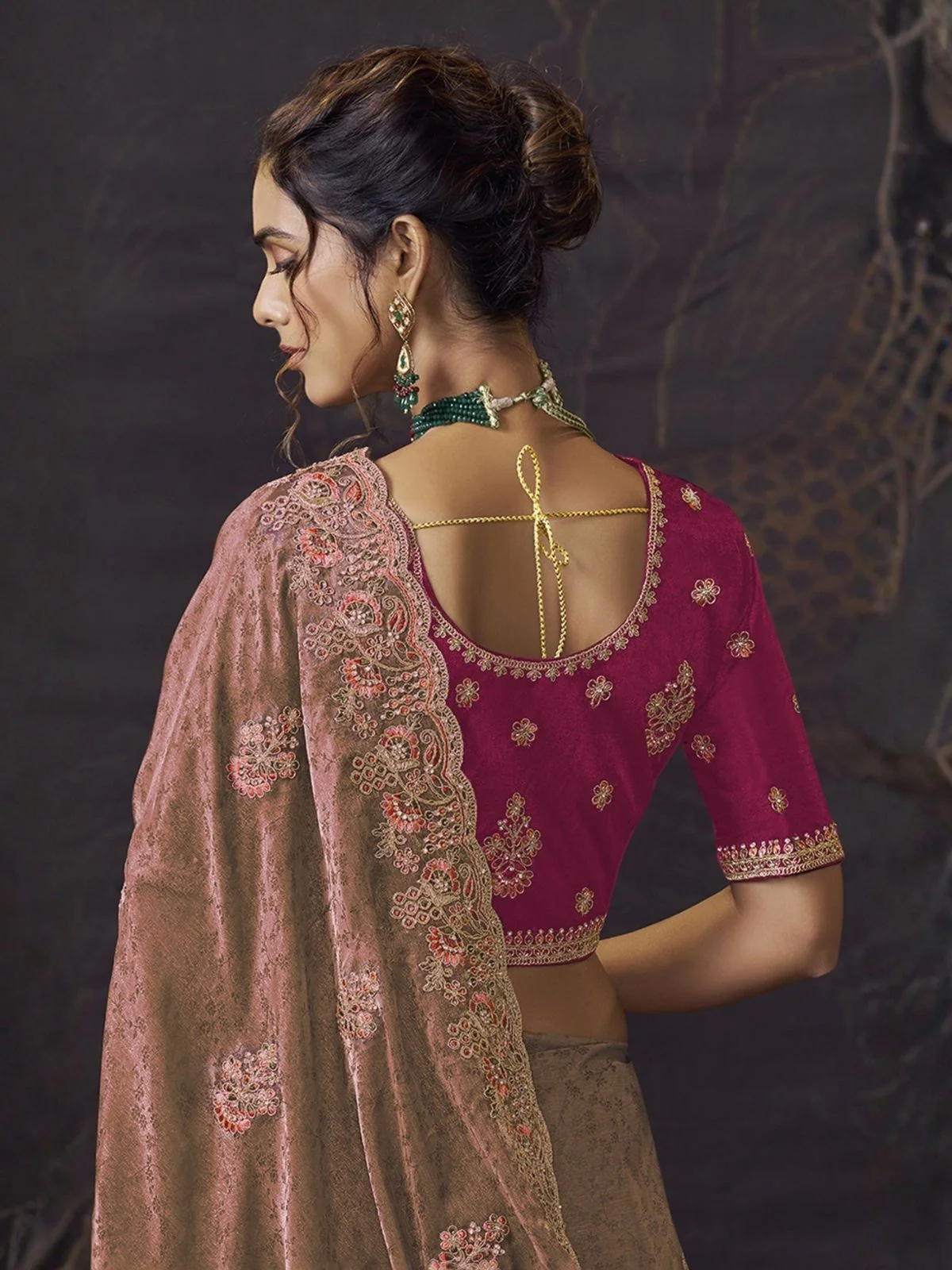 Odette Peach Satin Embroidered Saree For Women - Image 3