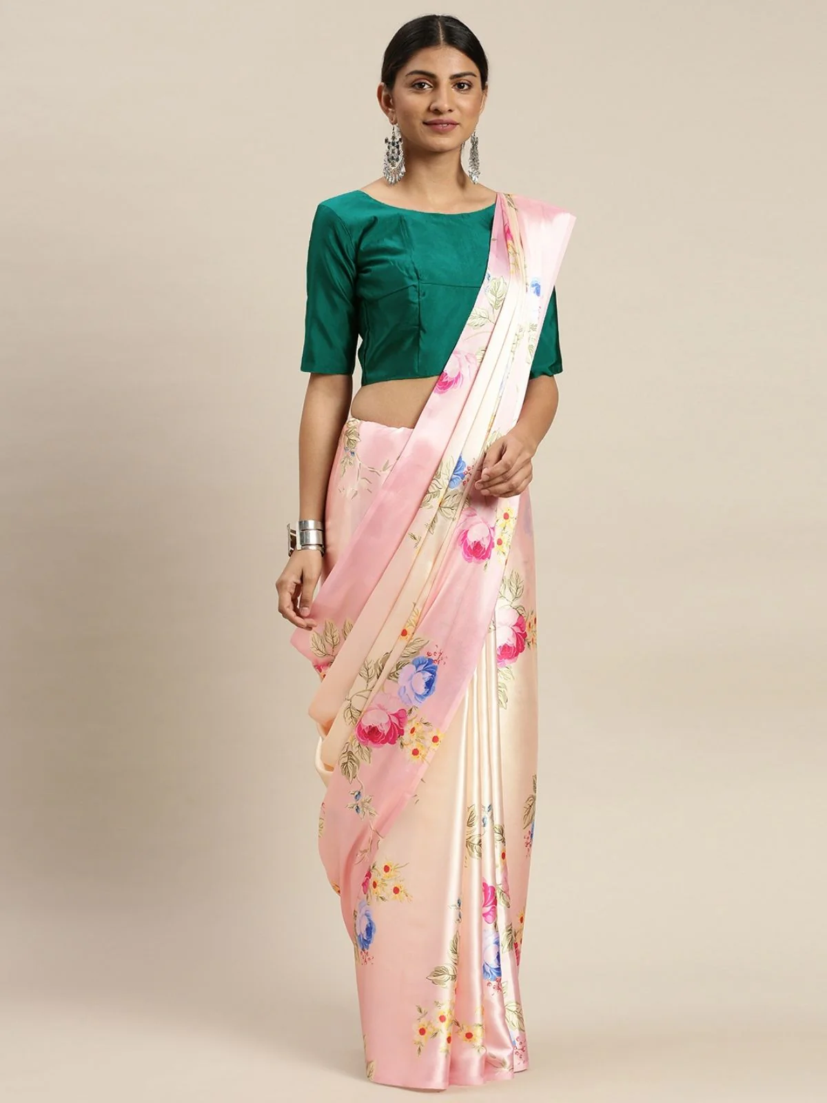 Odette Peach Satin Printed Saree With Unstitched Blouse For Women - Image 2