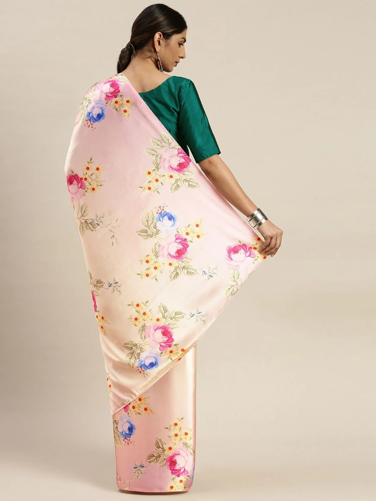 Odette Peach Satin Printed Saree With Unstitched Blouse For Women - Image 3