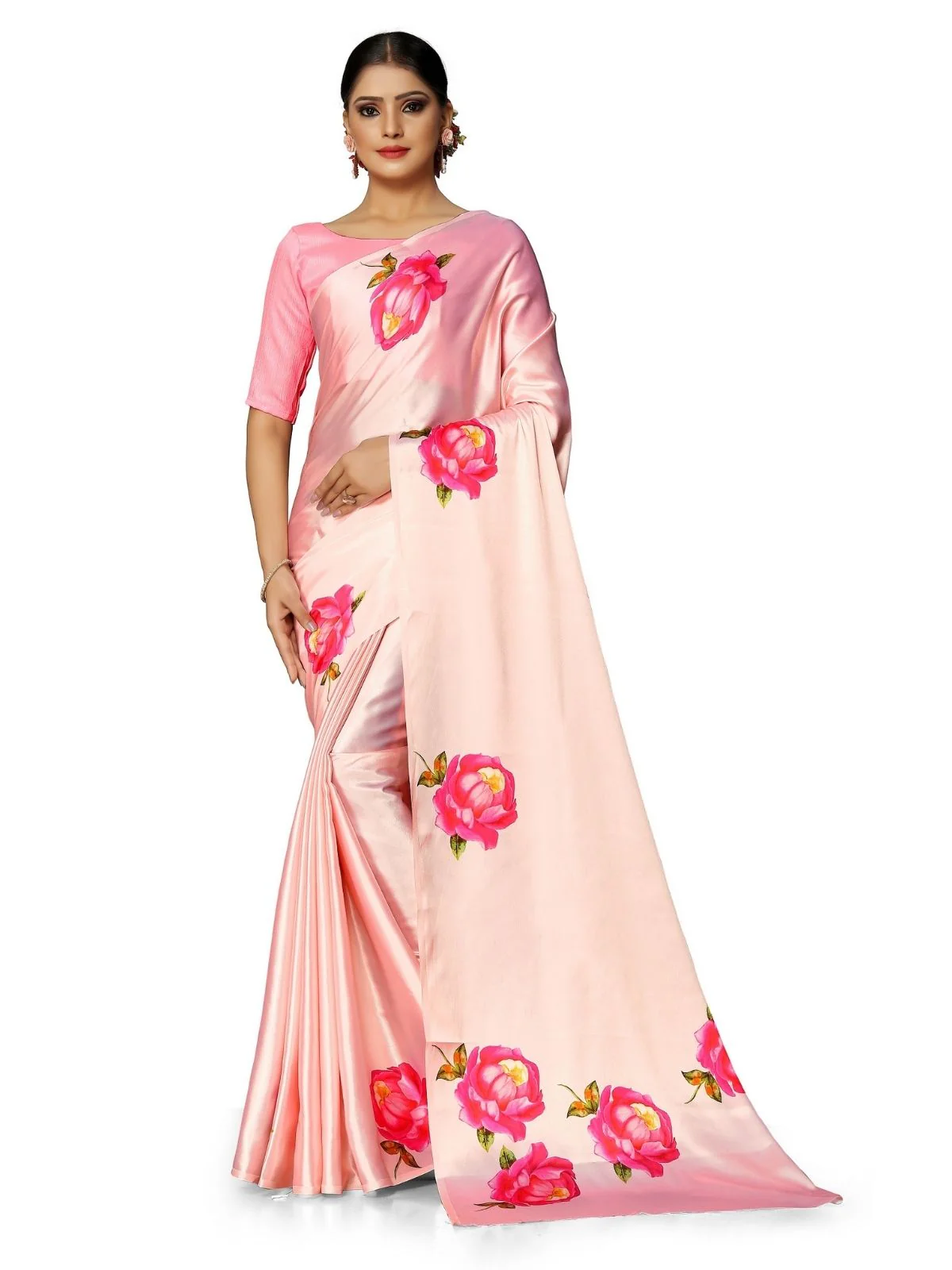 Odette Peach Satin Printed Saree With Unstitched Blouse For Women