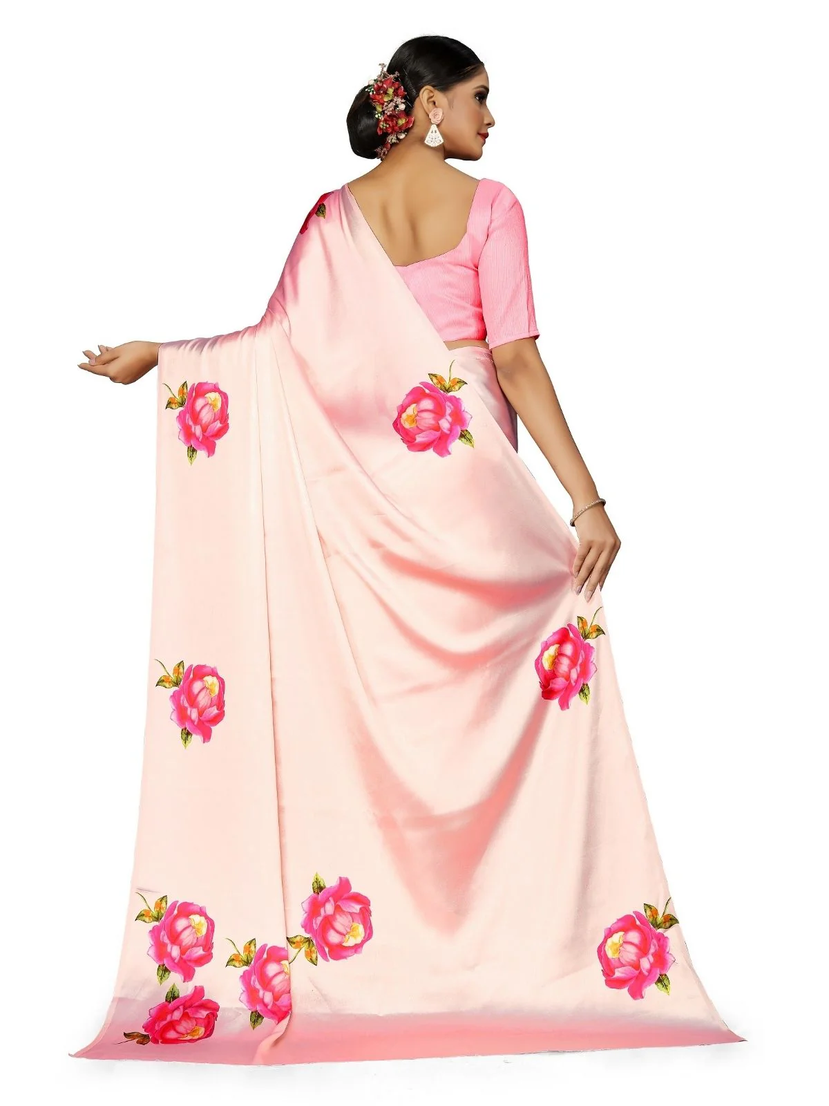 Odette Peach Satin Printed Saree With Unstitched Blouse For Women - Image 3