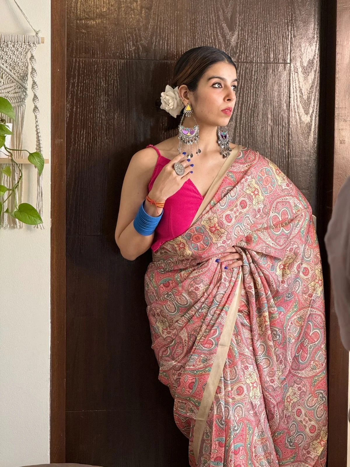 Odette Peach Satin Printed Saree With Unstitched Blouse For Women