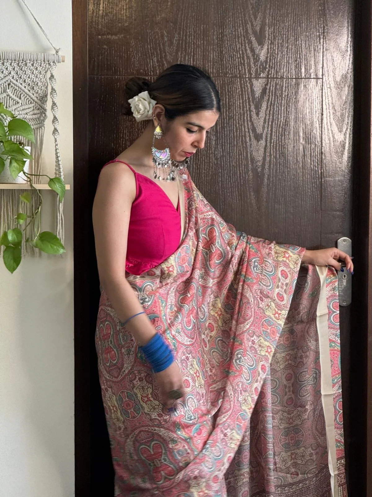 Odette Peach Satin Printed Saree With Unstitched Blouse For Women - Image 2