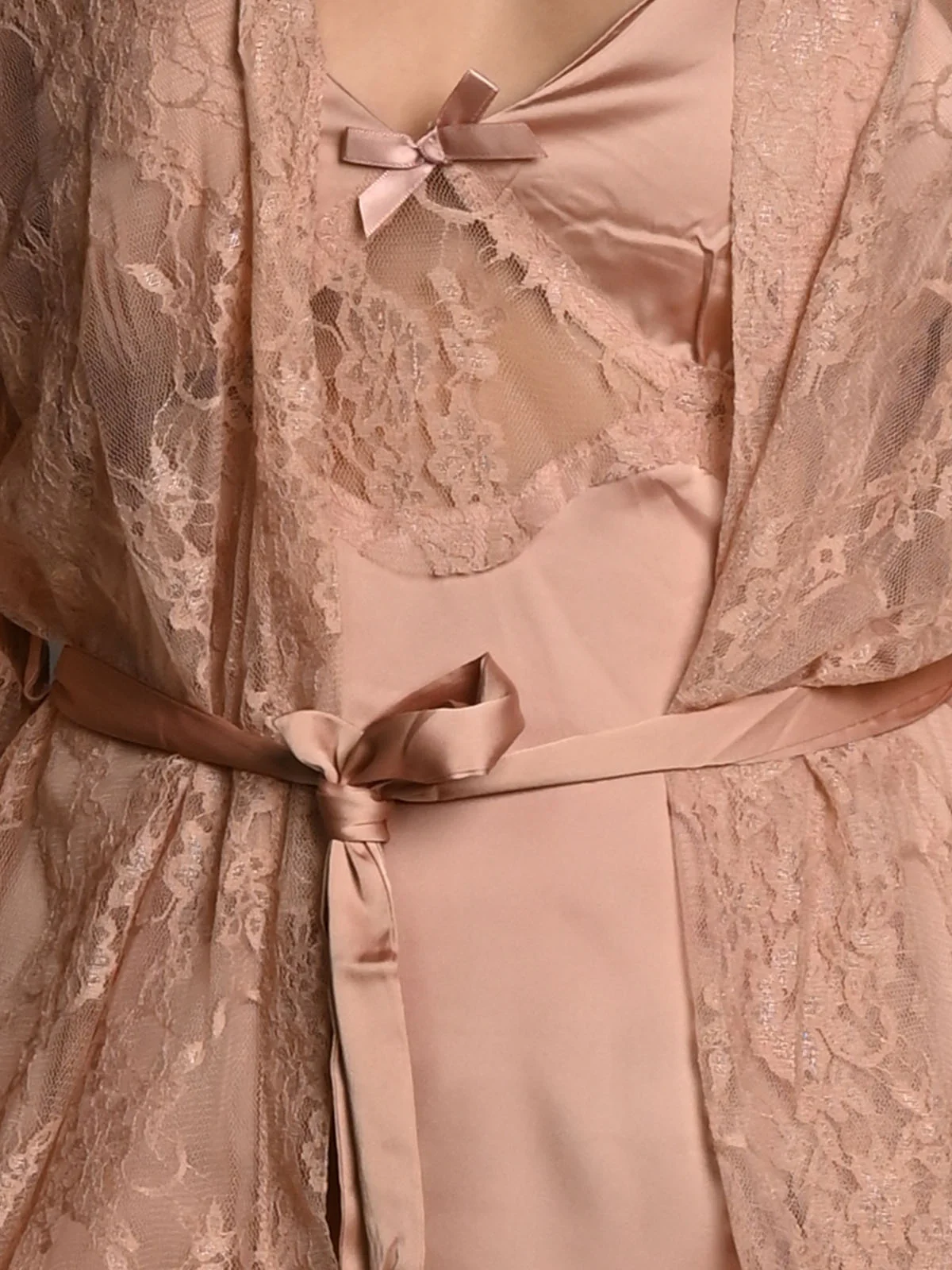 Odette Peach Satin Solid Two Piece Night Wear Set For Women - Image 5