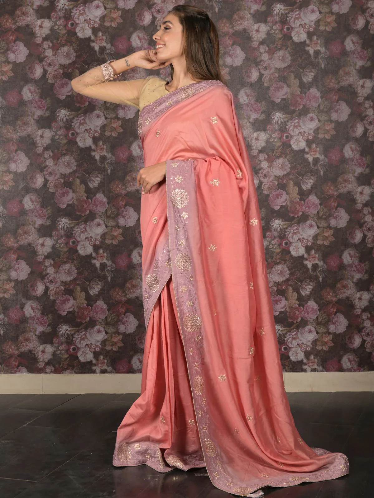 Odette Peach Sequins Embroidered Mercerized Cotton Saree with Unstitched Blouse for Women - Image 3
