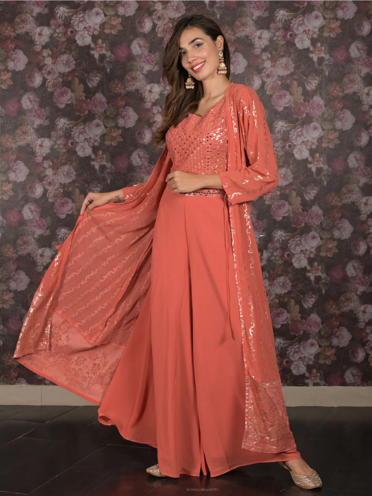 Odette Peach Sequins Embroidered Stitched Lehenga with Stitched Blouse And Shrug For Women - Image 2
