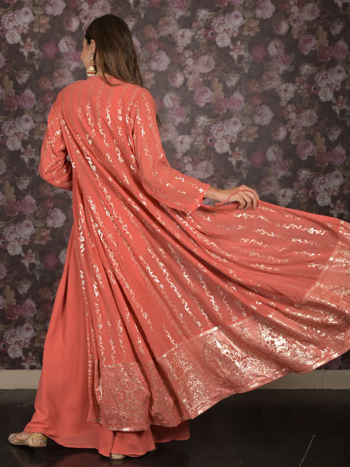 Odette Peach Sequins Embroidered Stitched Lehenga with Stitched Blouse And Shrug For Women - Image 3