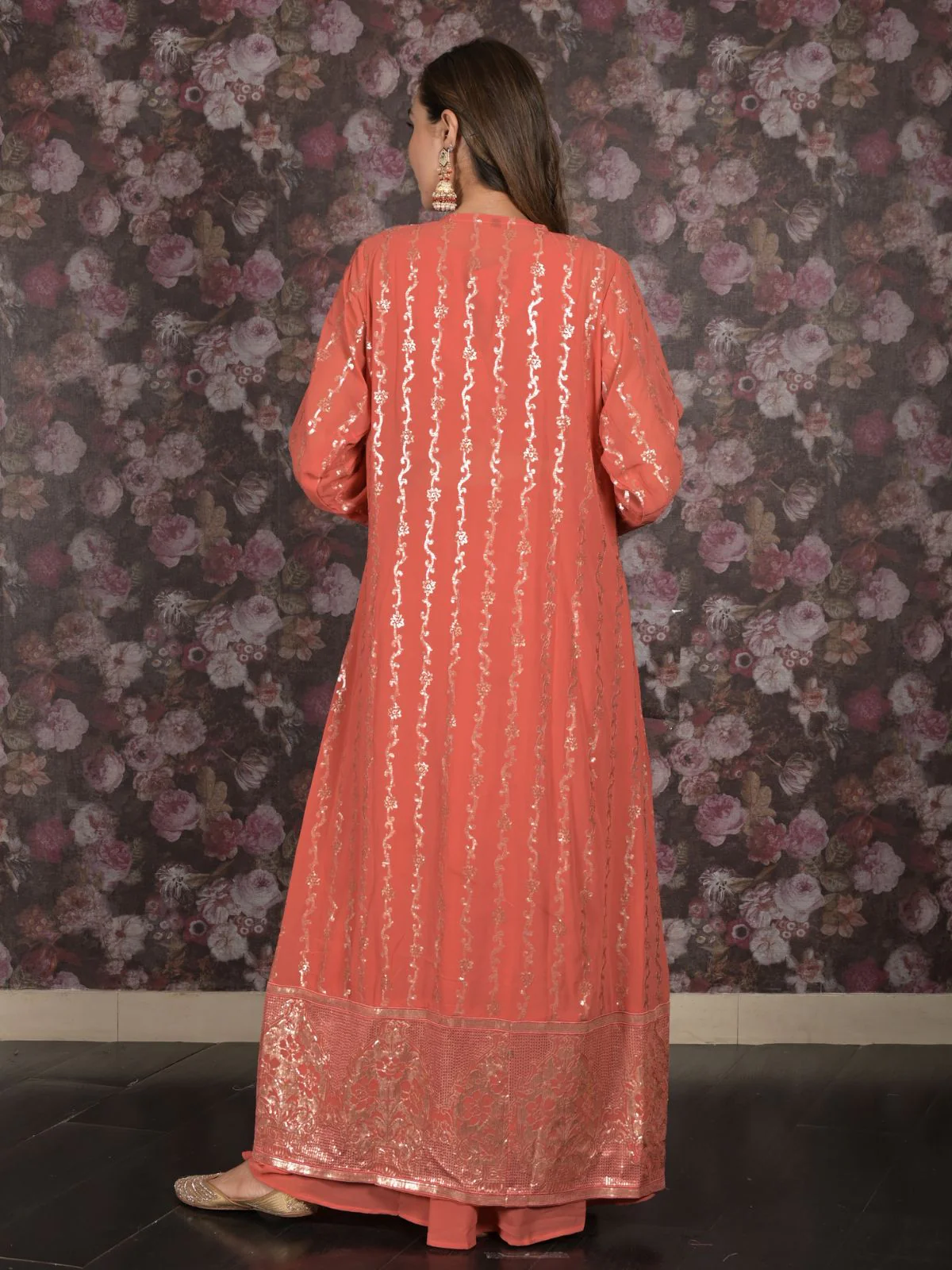 Odette Peach Sequins Embroidered Stitched Lehenga with Stitched Blouse And Shrug For Women - Image 4