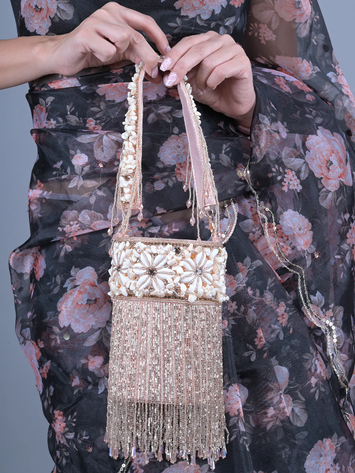 Odette Peach Shell and Beads Embroidered Cylindrical Tassels Clutch for Women - Image 2