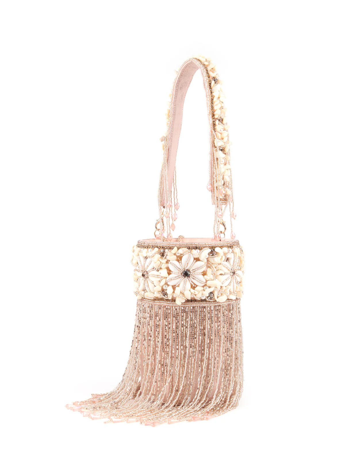 Odette Peach Shell and Beads Embroidered Cylindrical Tassels Clutch for Women - Image 4