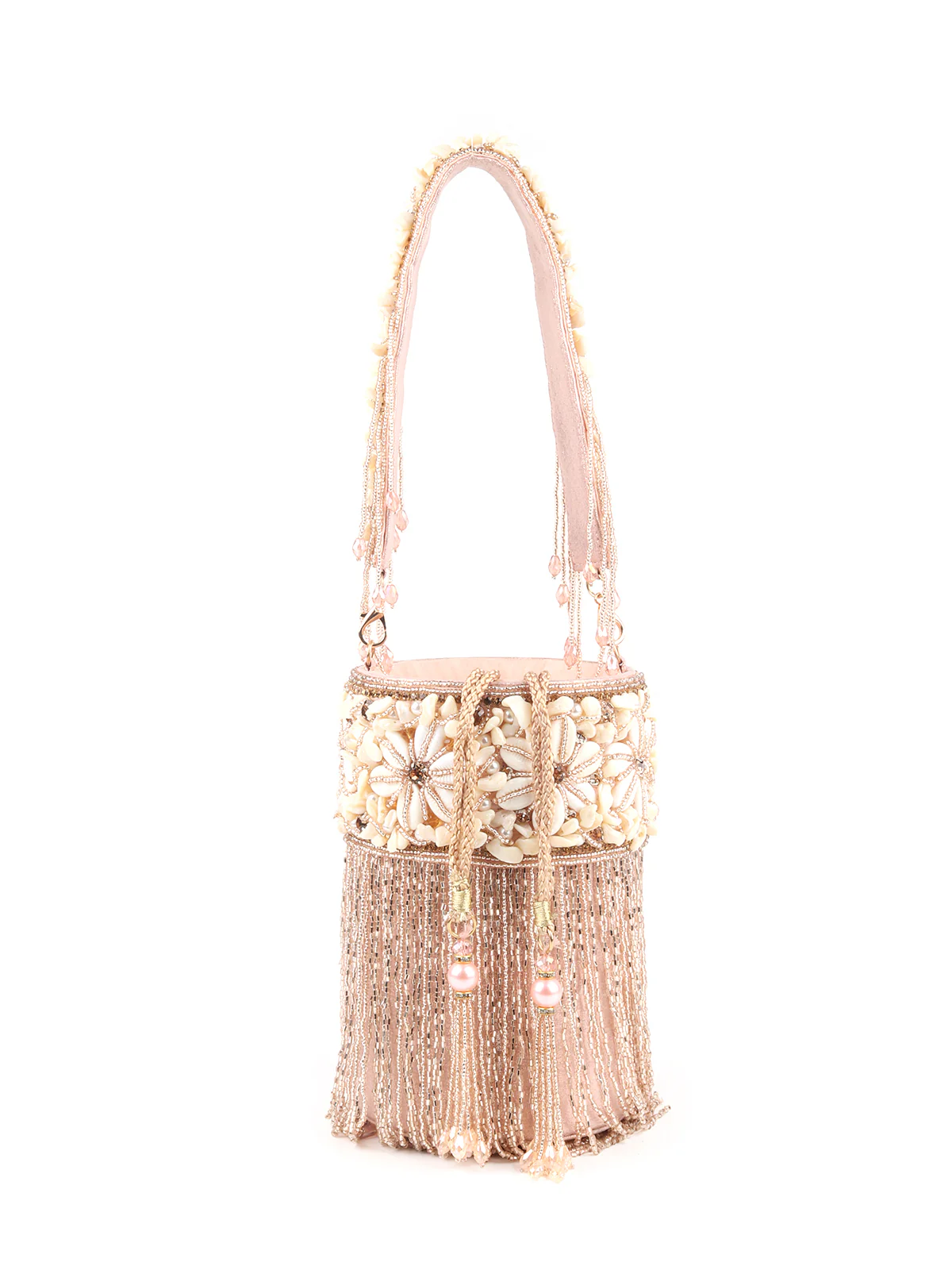 Odette Peach Shell and Beads Embroidered Cylindrical Tassels Clutch for Women - Image 5