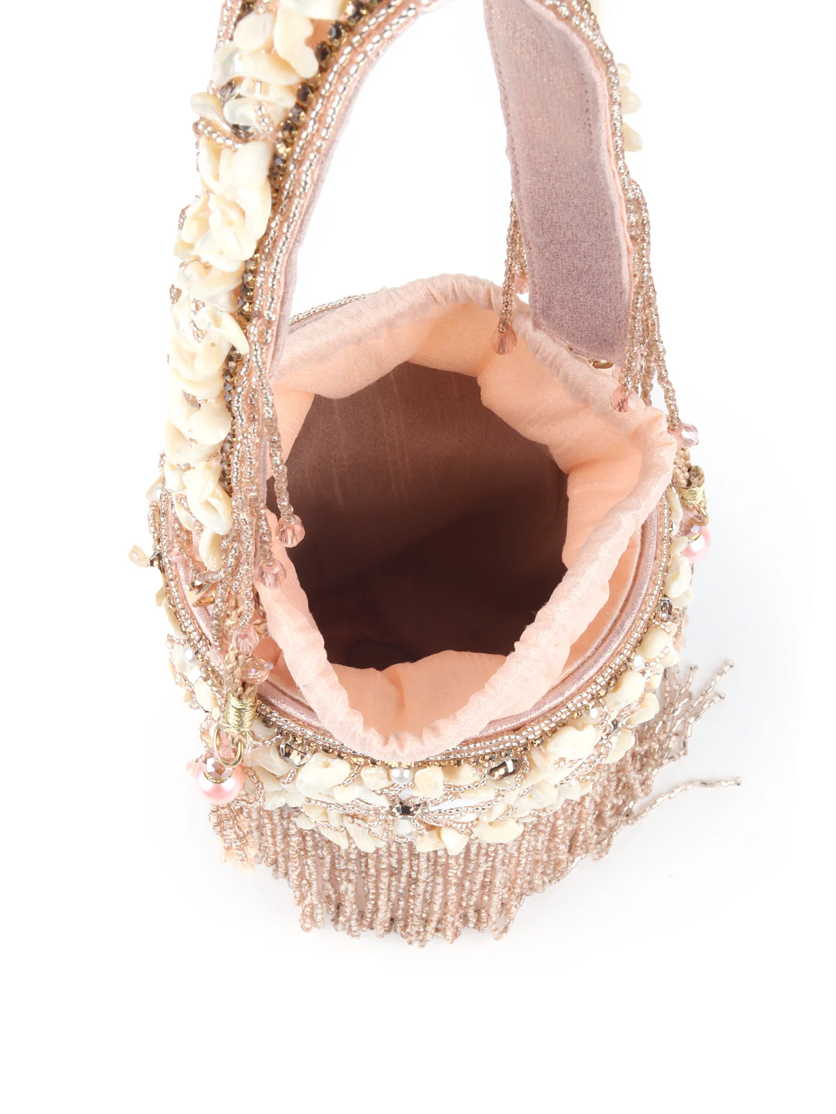 Odette Peach Shell and Beads Embroidered Cylindrical Tassels Clutch for Women - Image 6