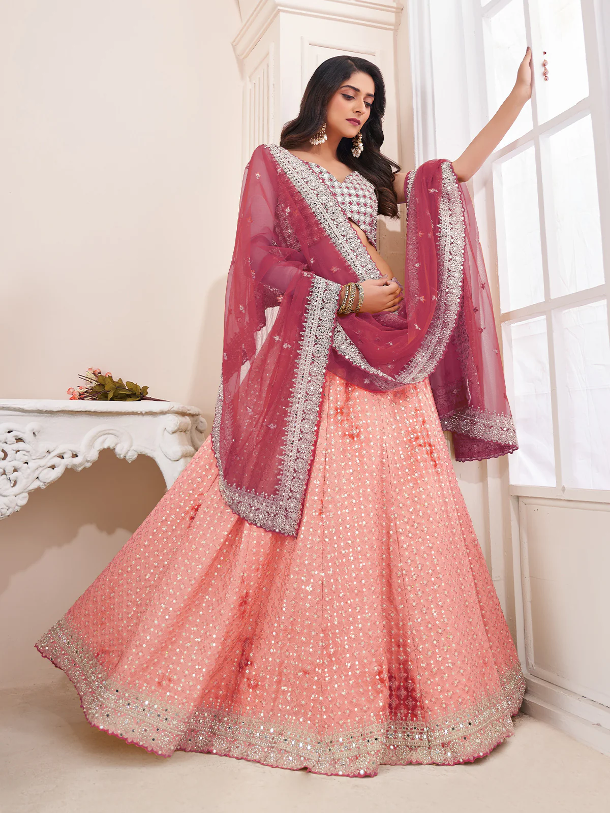 Odette Peach Shibori Crepe Embroidered Semi Stitched Lehenga With Unstitched Blouse for Women - Image 2