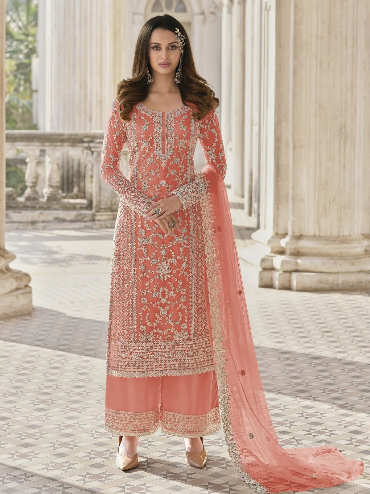 Odette Peach Silk Blend Embroidered Semi Stitched Kurta Set For Women