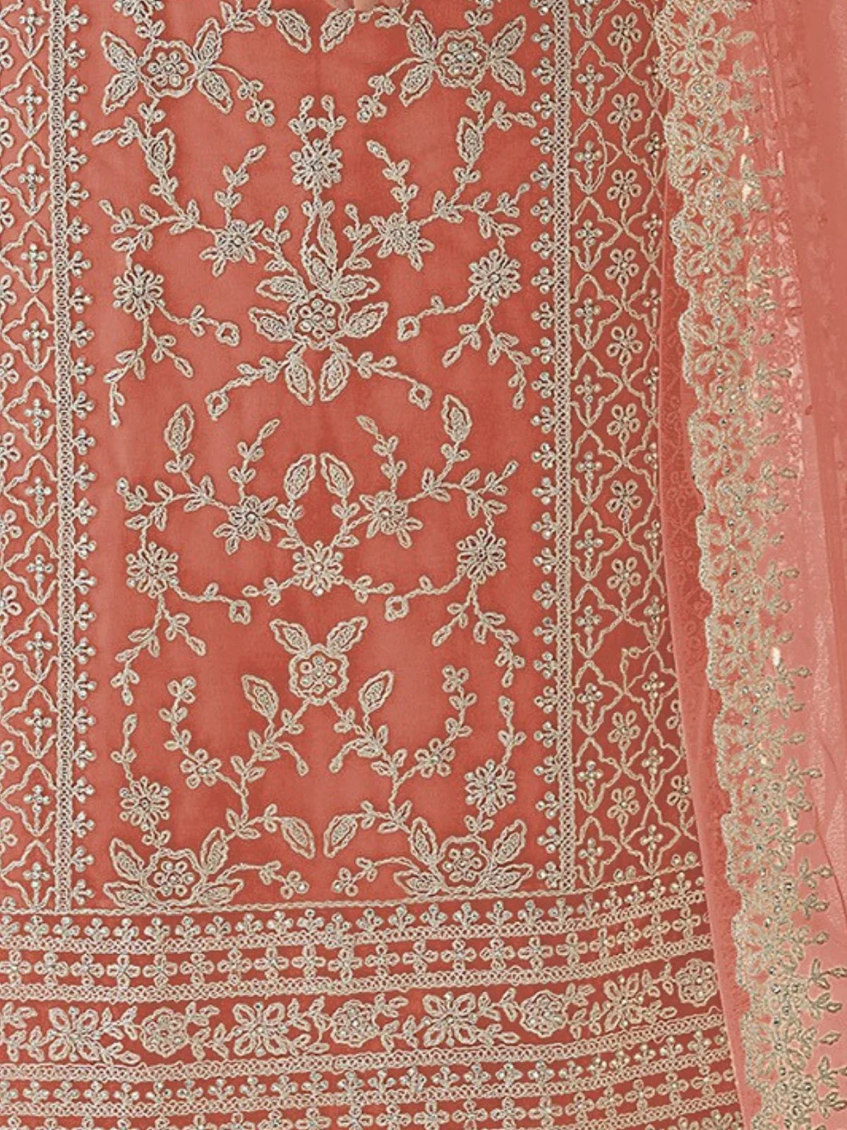Odette Peach Silk Blend Embroidered Semi Stitched Kurta Set For Women - Image 4