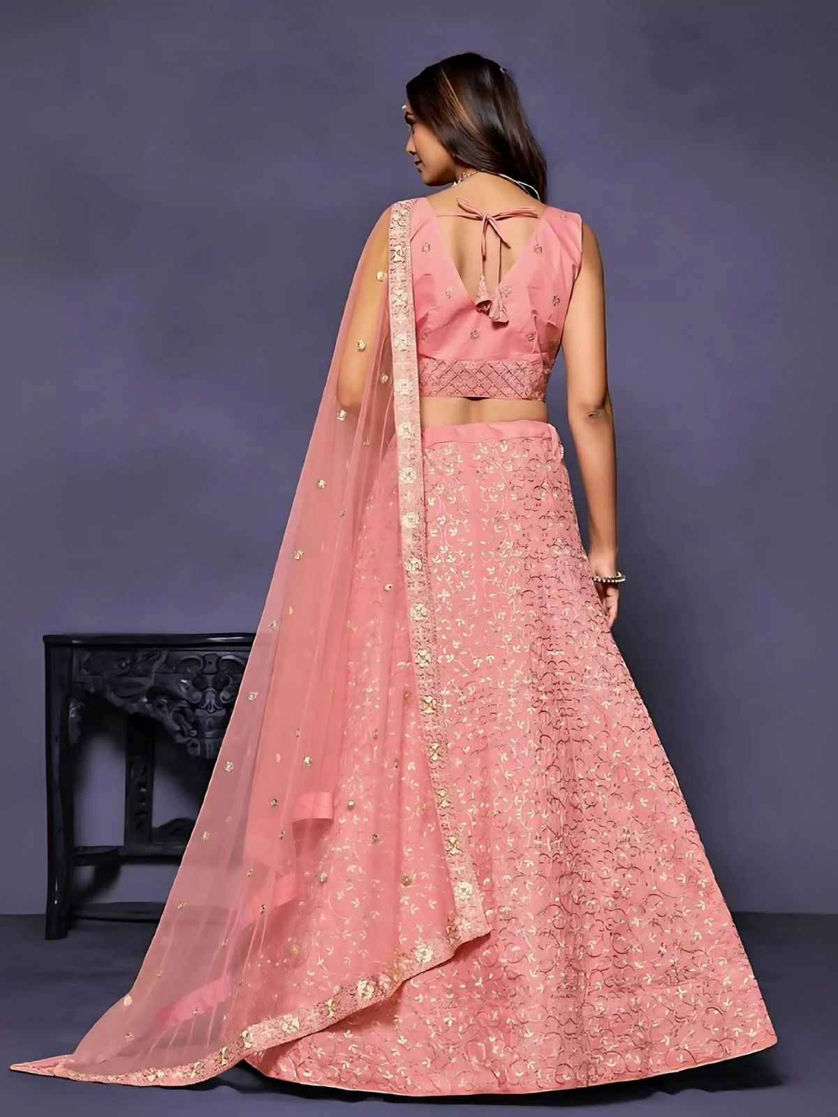 Odette Peach Silk Blend Embroidered Semi-Stitched Lehenga For Women - Image 2