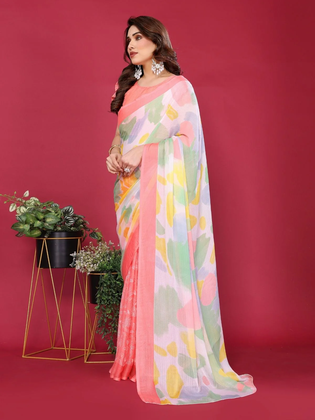 Odette Peach Silk Blend Printed Saree For Women - Image 2