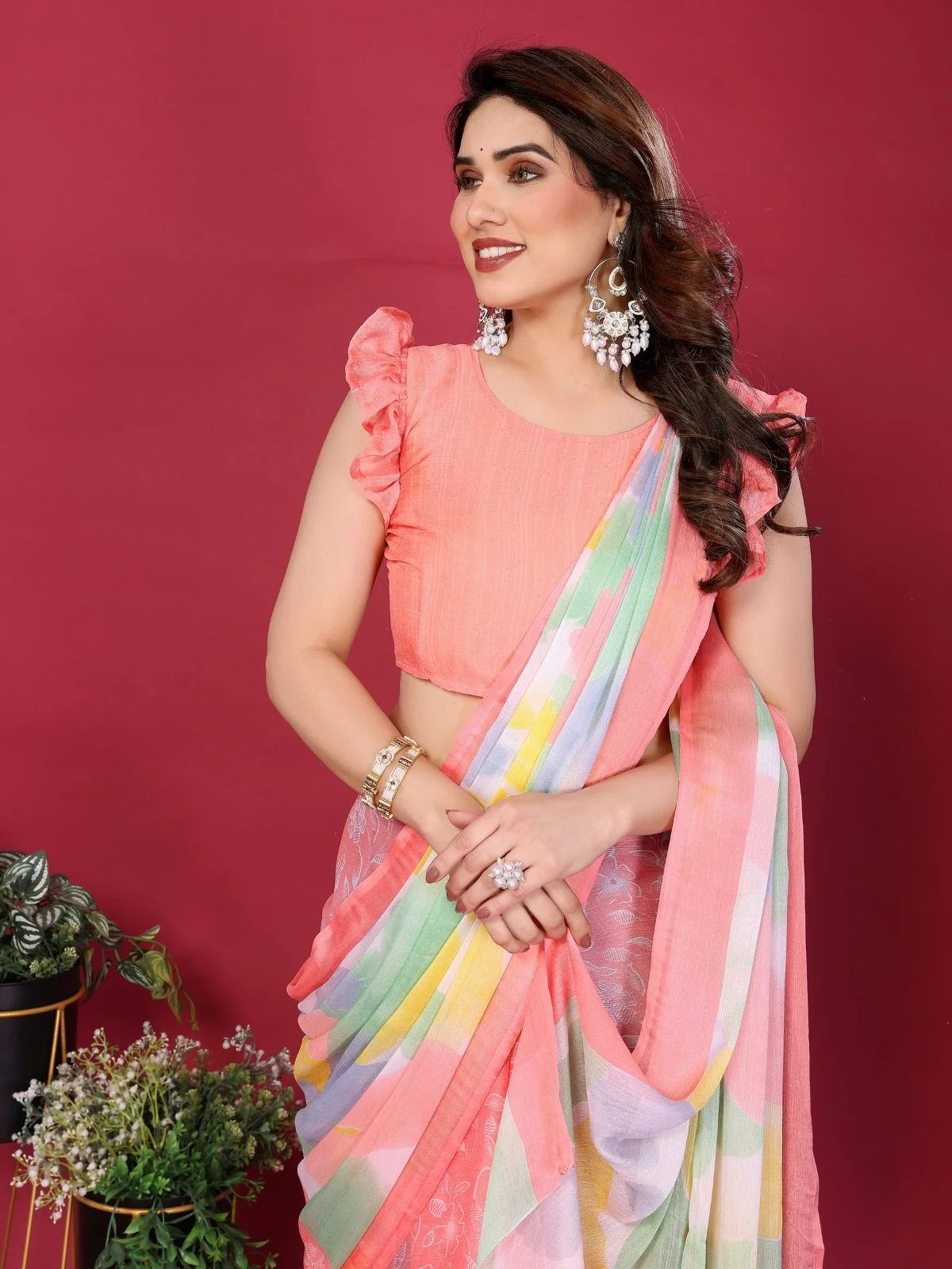 Odette Peach Silk Blend Printed Saree For Women - Image 4
