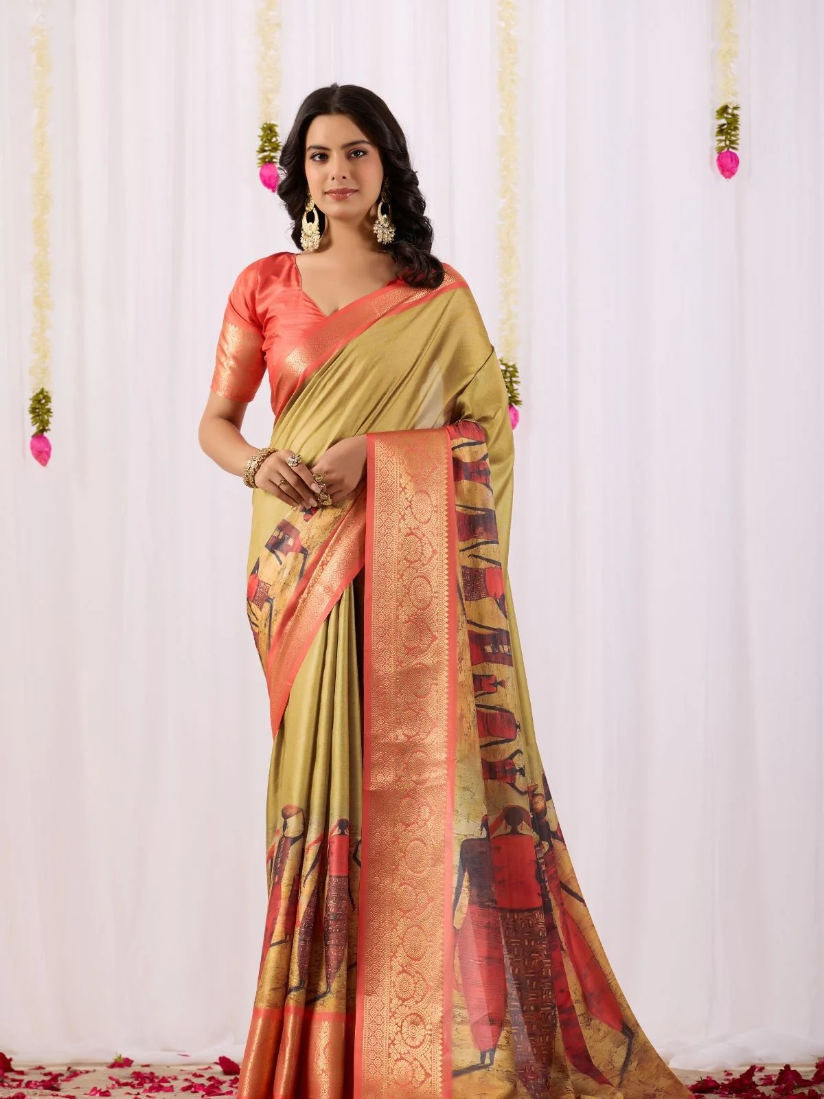 Odette Peach Silk Blend Printed Saree For Women