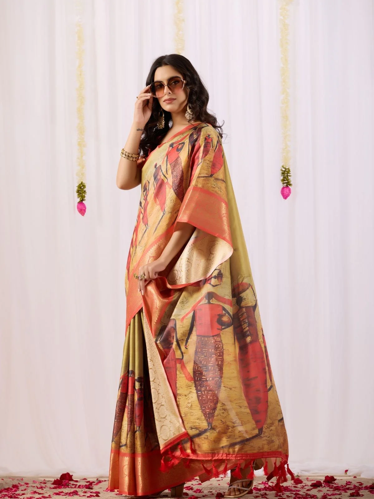 Odette Peach Silk Blend Printed Saree For Women - Image 2