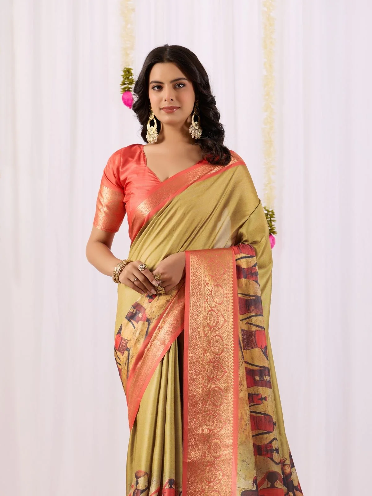 Odette Peach Silk Blend Printed Saree For Women - Image 4