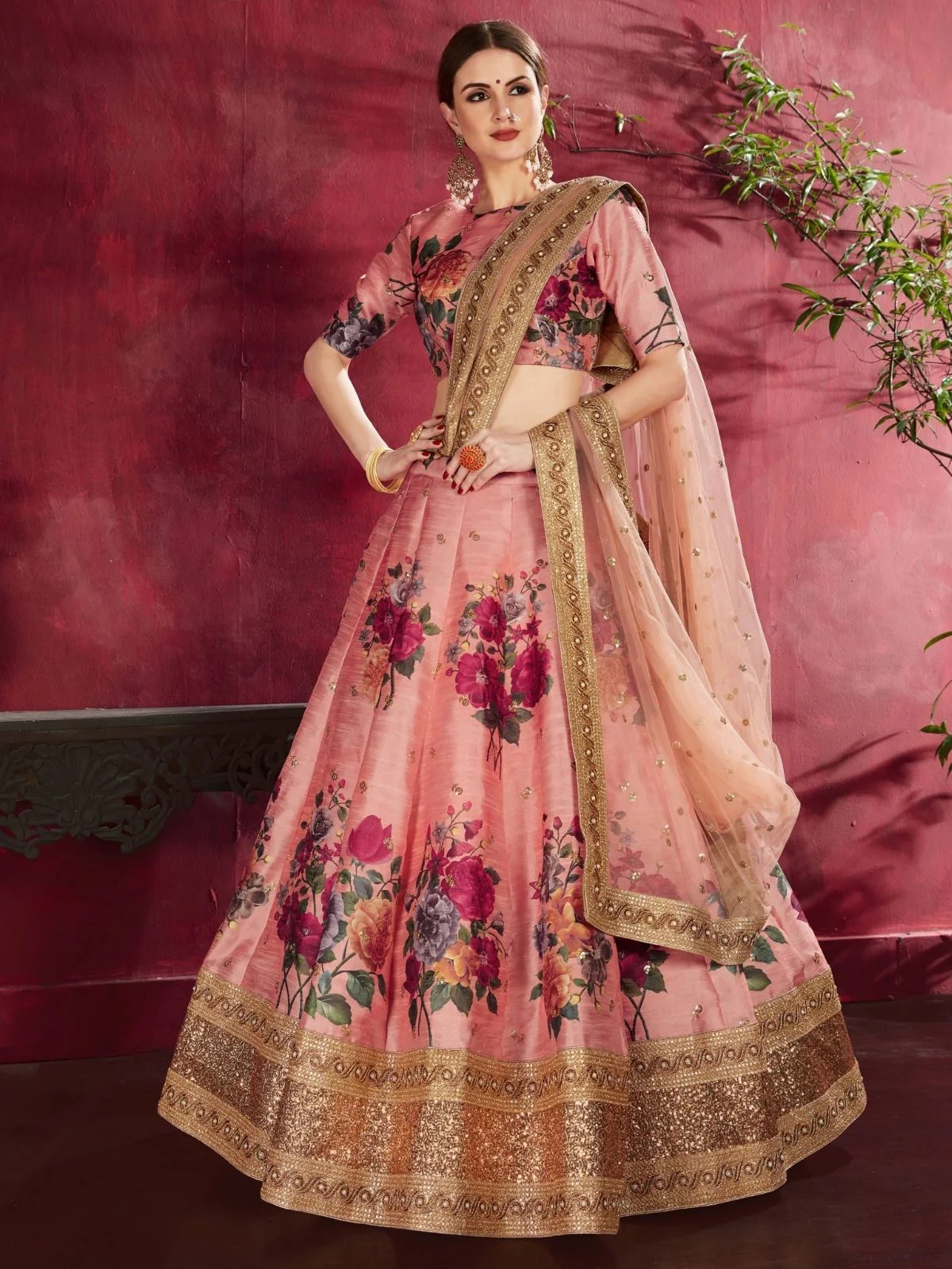 Odette Peach Silk Blend Printed Semi Stitched Lehenga With Blouse For Women - Image 2