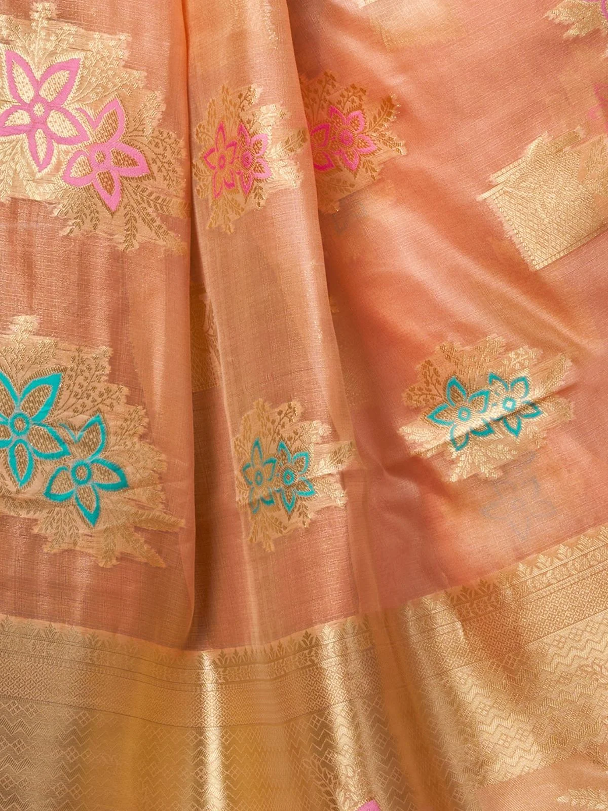 Odette Peach Silk Blend Woven Saree For Women - Image 6