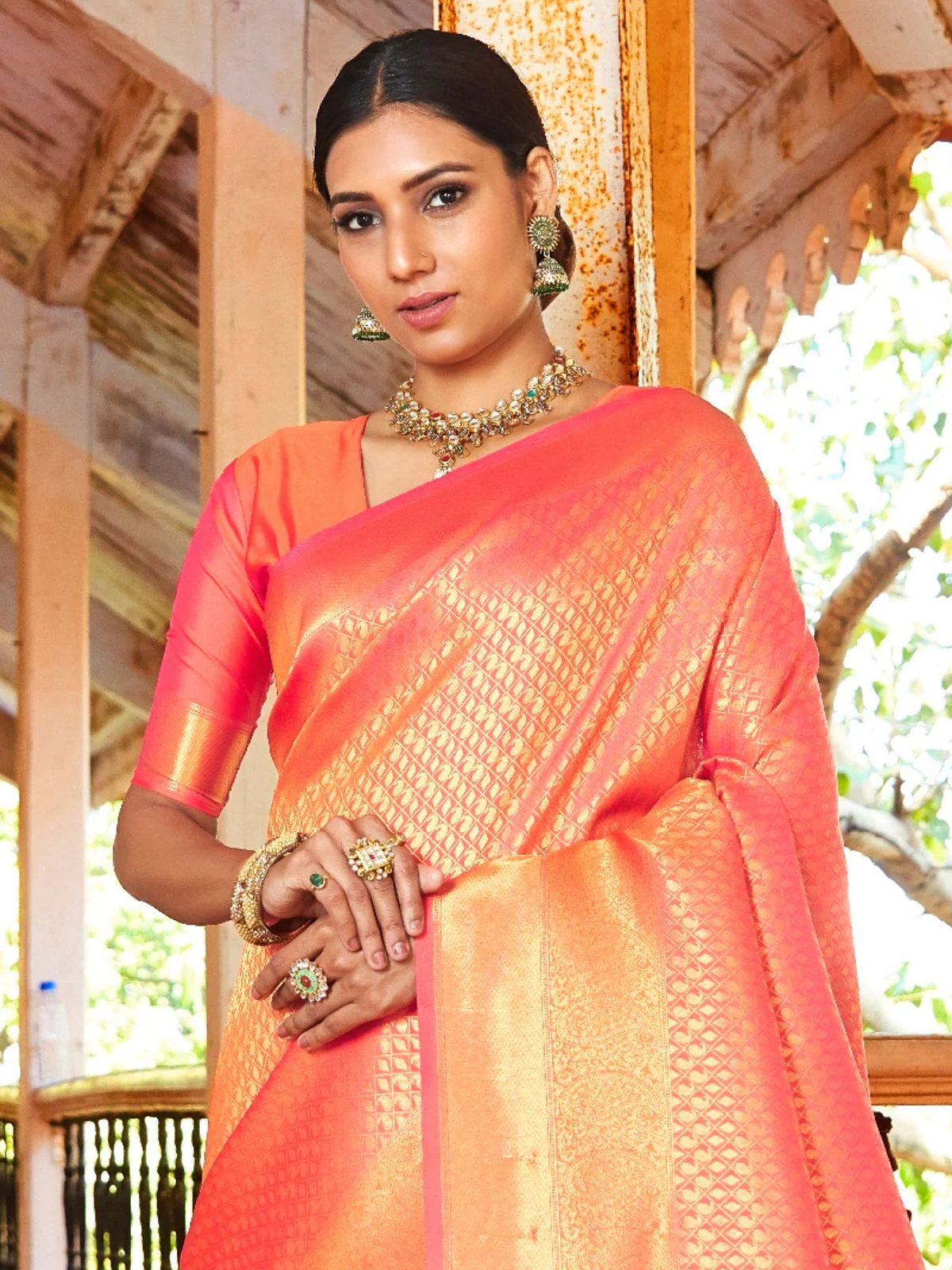 Odette Peach Silk Blend Woven Saree With Unstitched Blouse For Women - Image 2