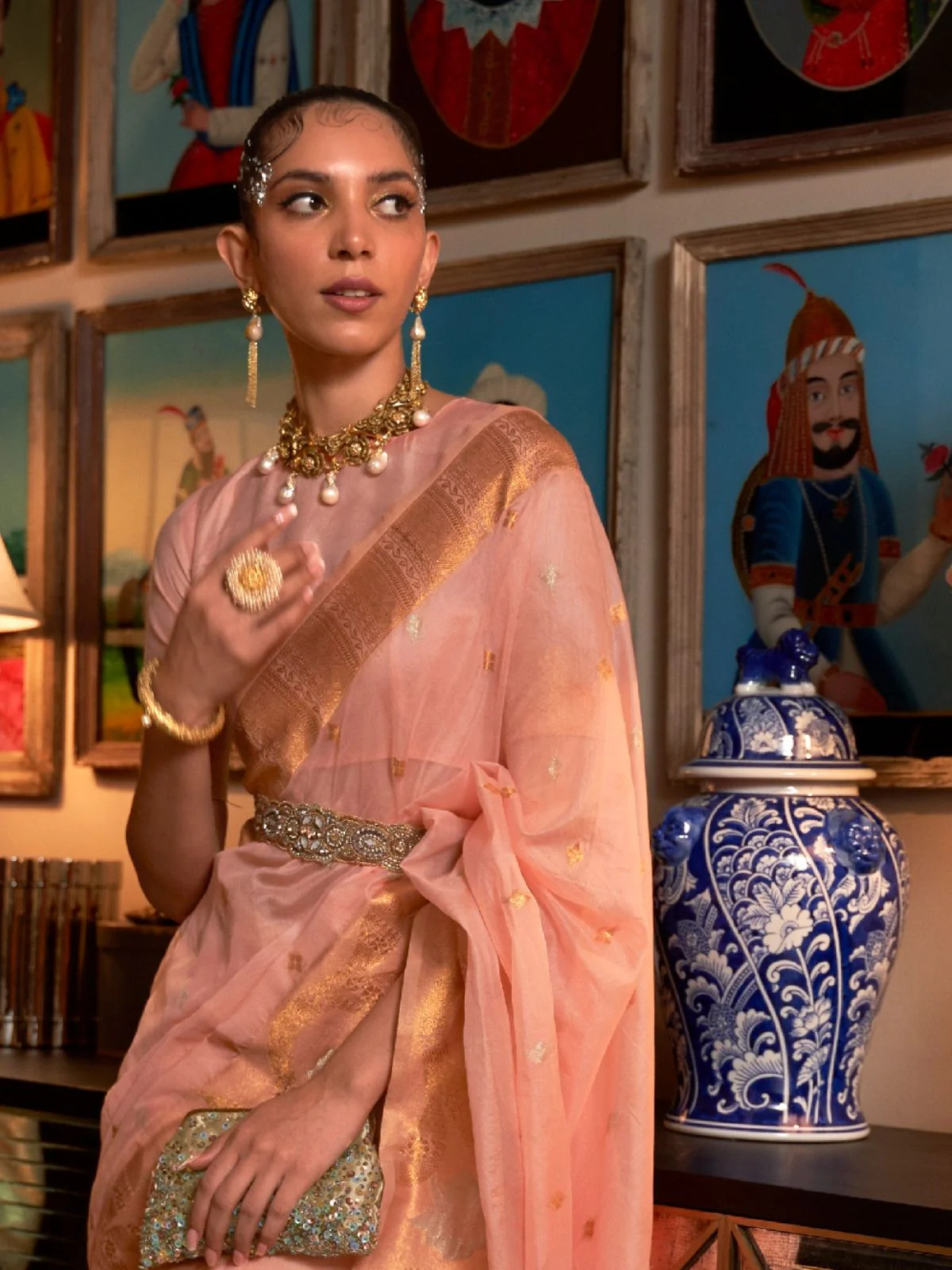 Odette Peach Silk Blend Woven Saree With Unstitched Blouse for Women - Image 2