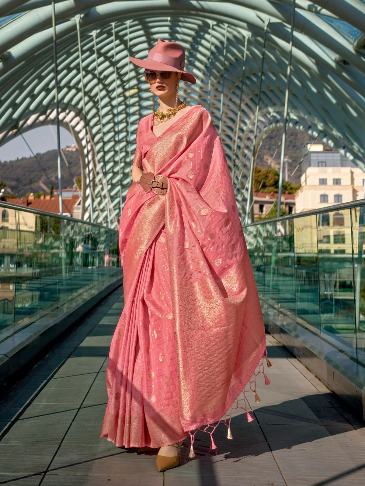 Odette Peach Silk Blend Woven Saree With Unstitched Blouse For Women