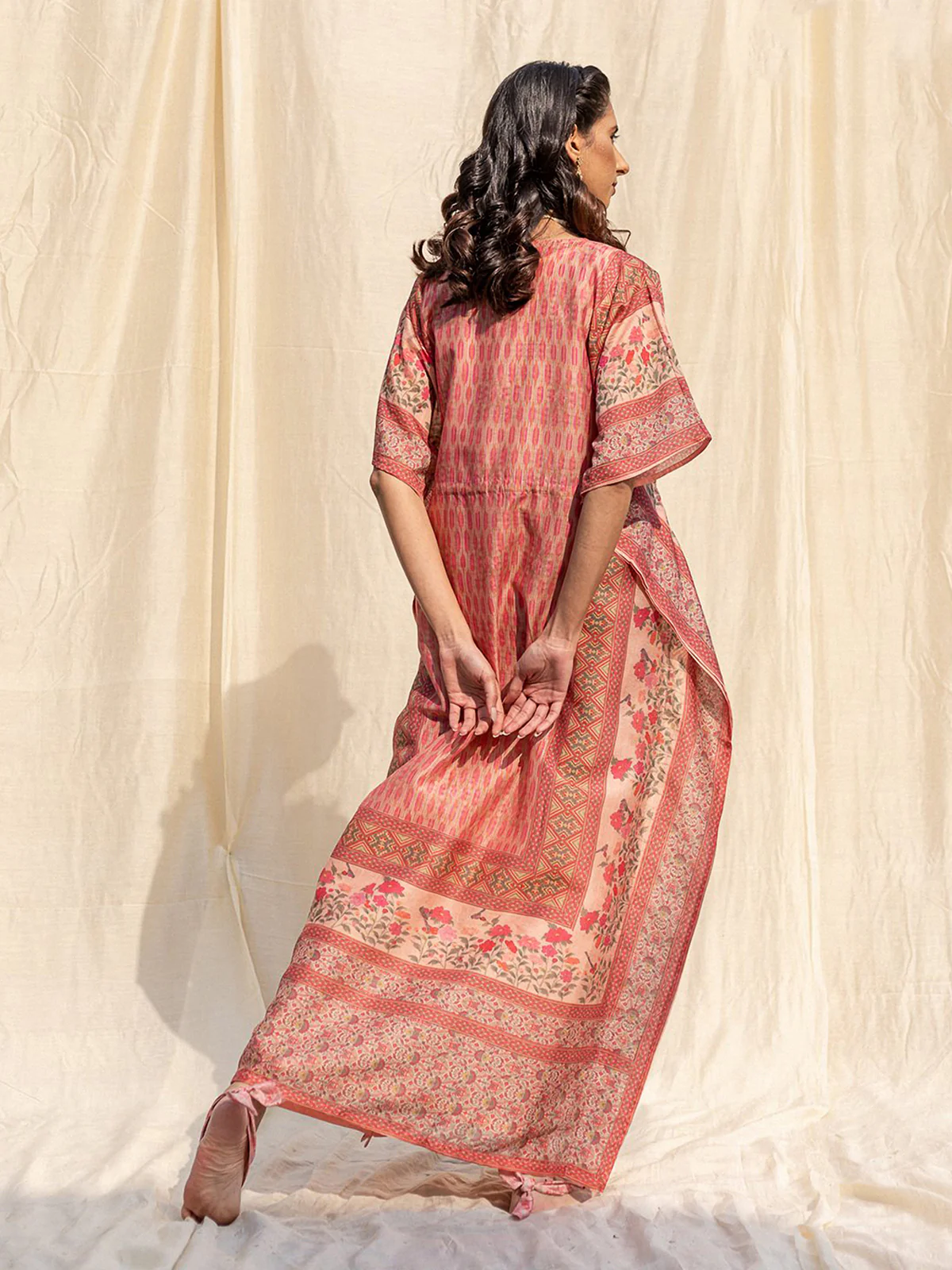 Odette Peach Silk Printed Stitched Indo Western Kaftan For Women - Image 3