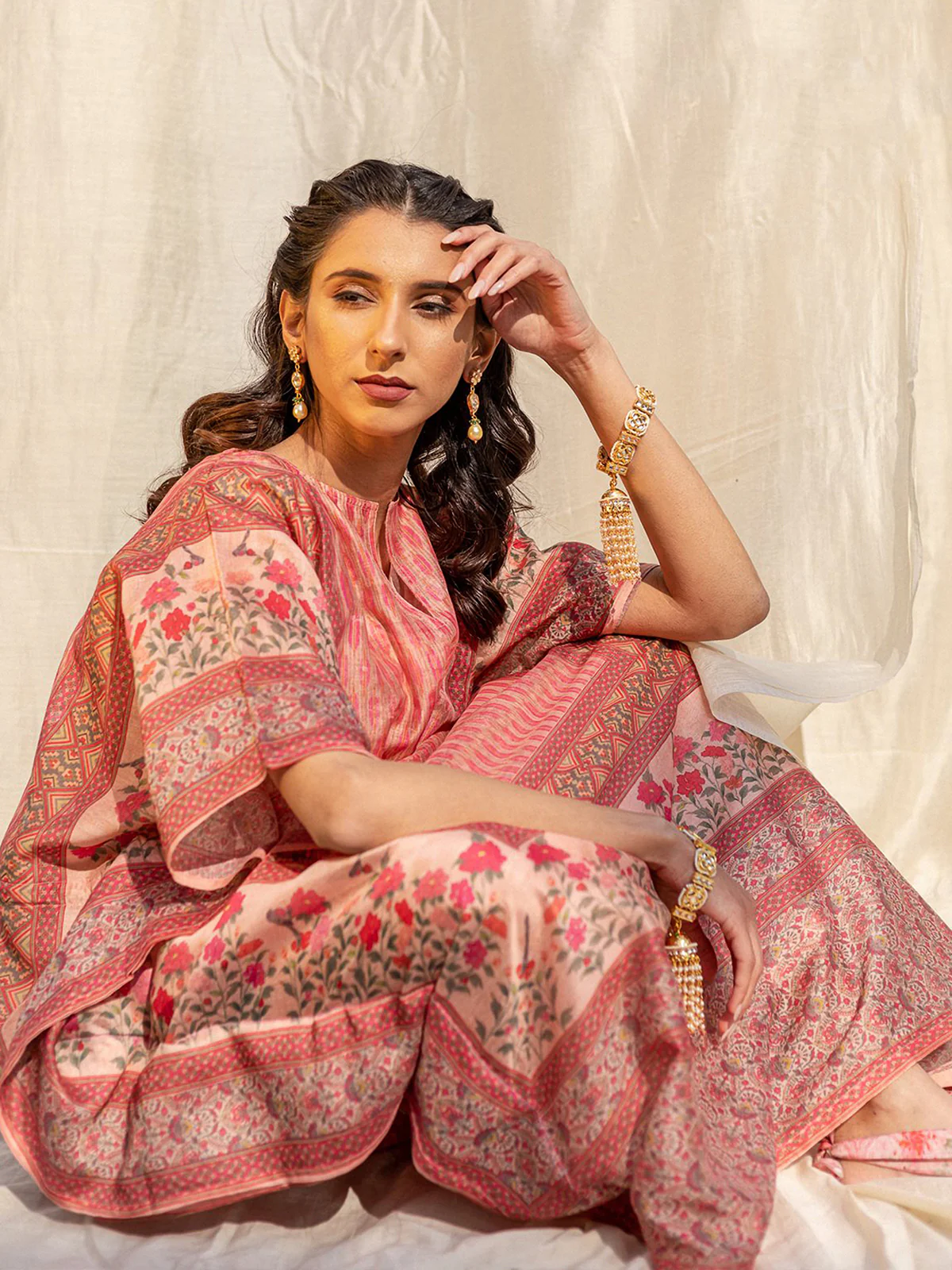 Odette Peach Silk Printed Stitched Indo Western Kaftan For Women - Image 4