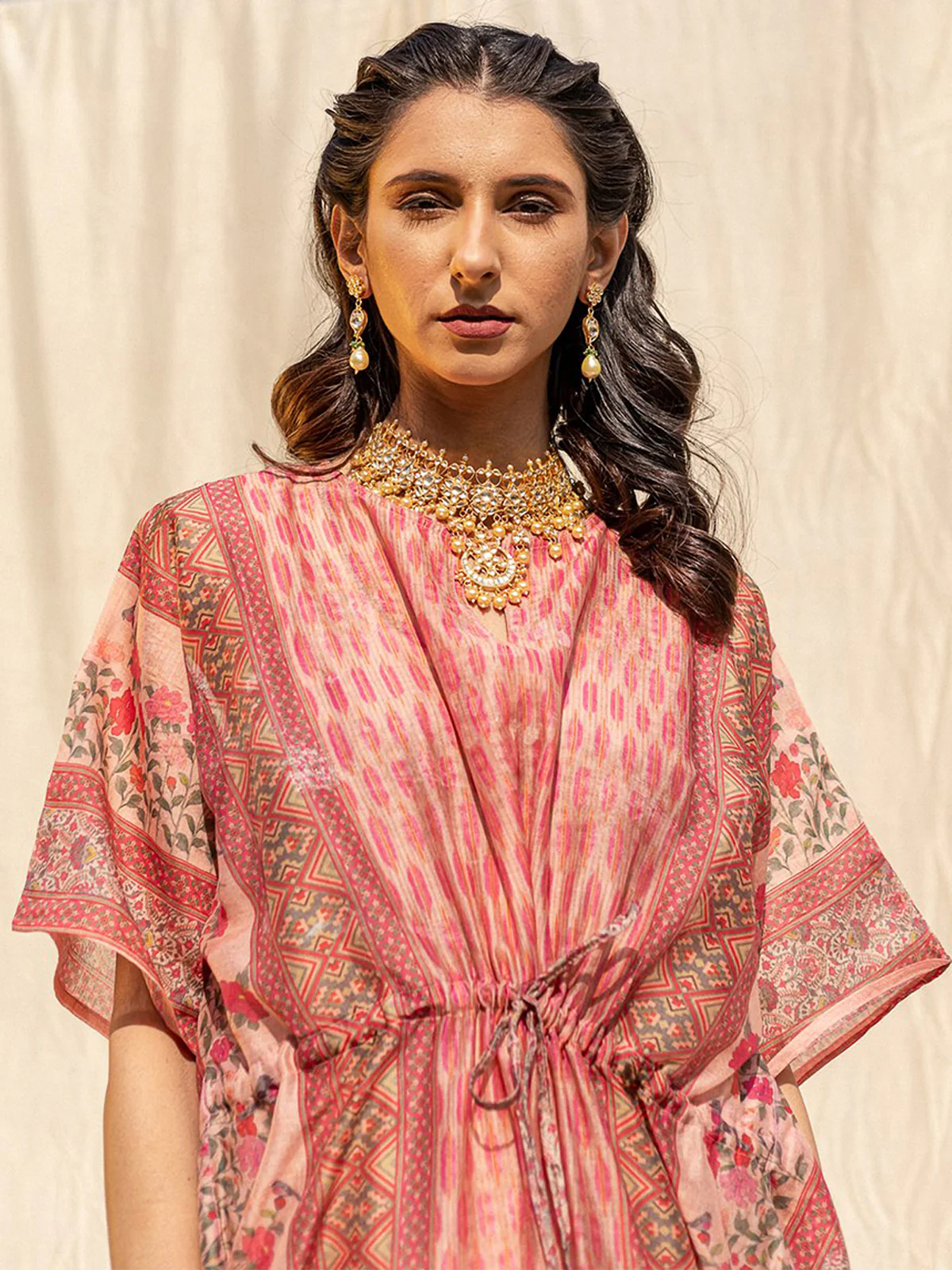 Odette Peach Silk Printed Stitched Indo Western Kaftan For Women - Image 5