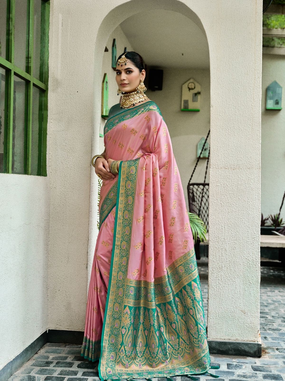 Odette Peach Silk Woven Saree For Women - Image 5