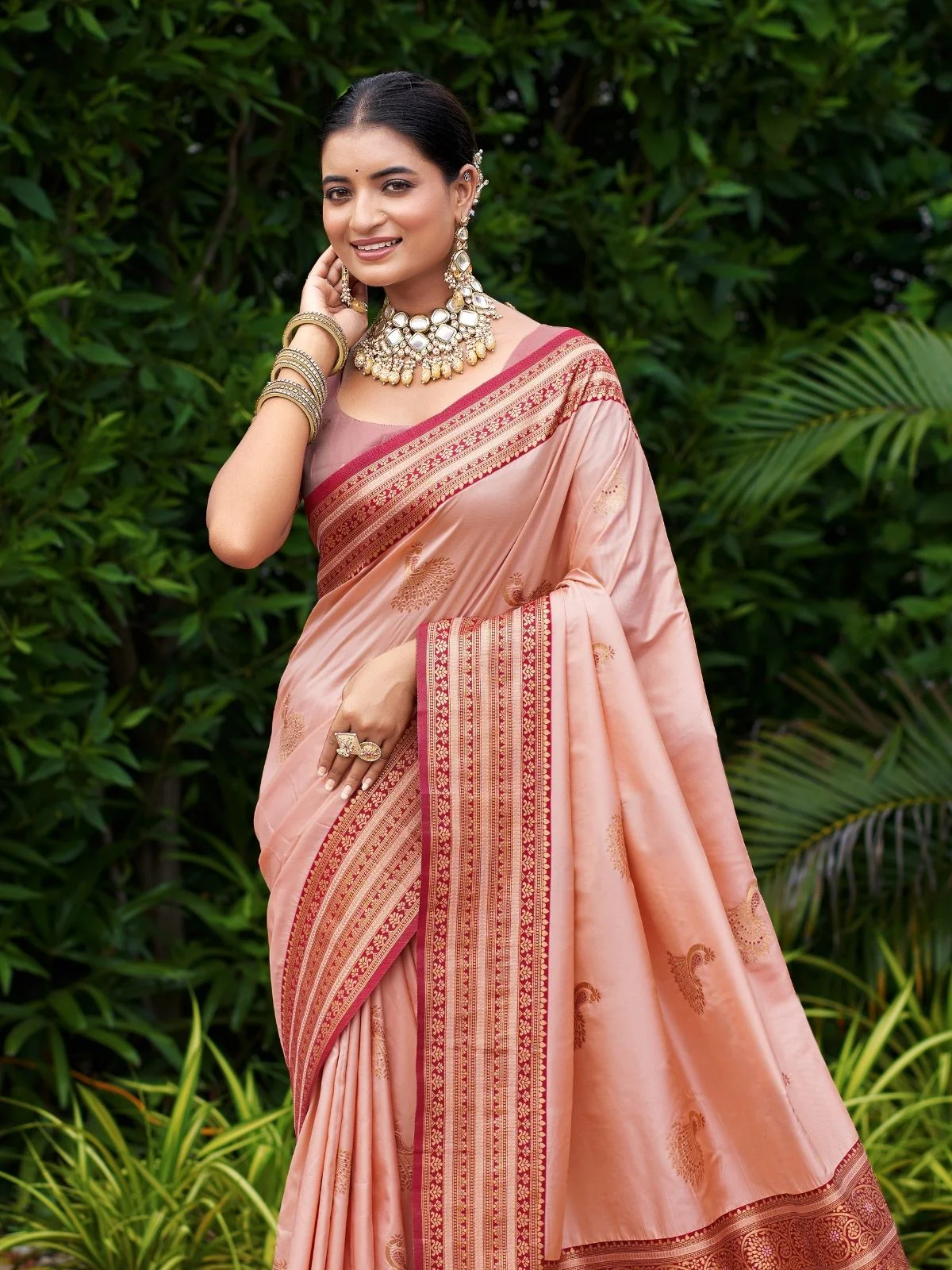 Odette Peach Silk Zari Woven Saree For Women - Image 4
