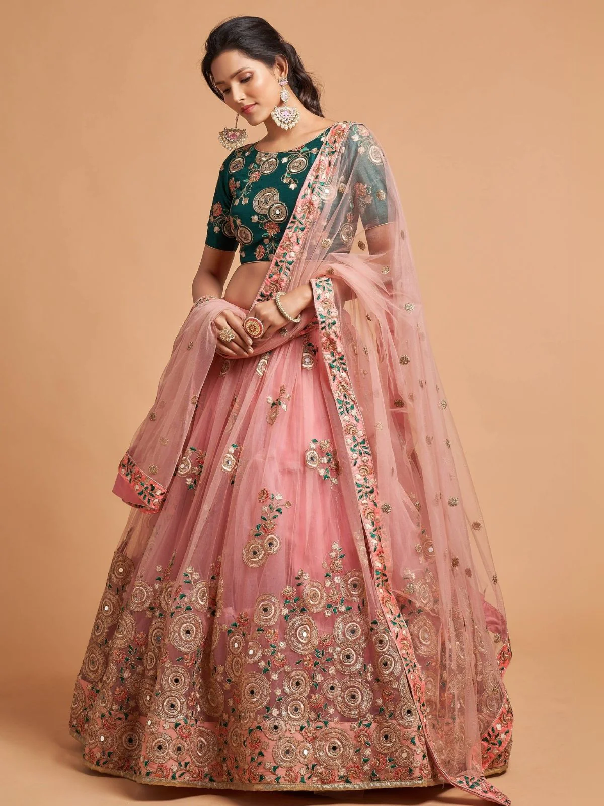 Odette Peach Soft Net Embroidered Semi Stitched Lehenga With Blouse For Women - Image 2