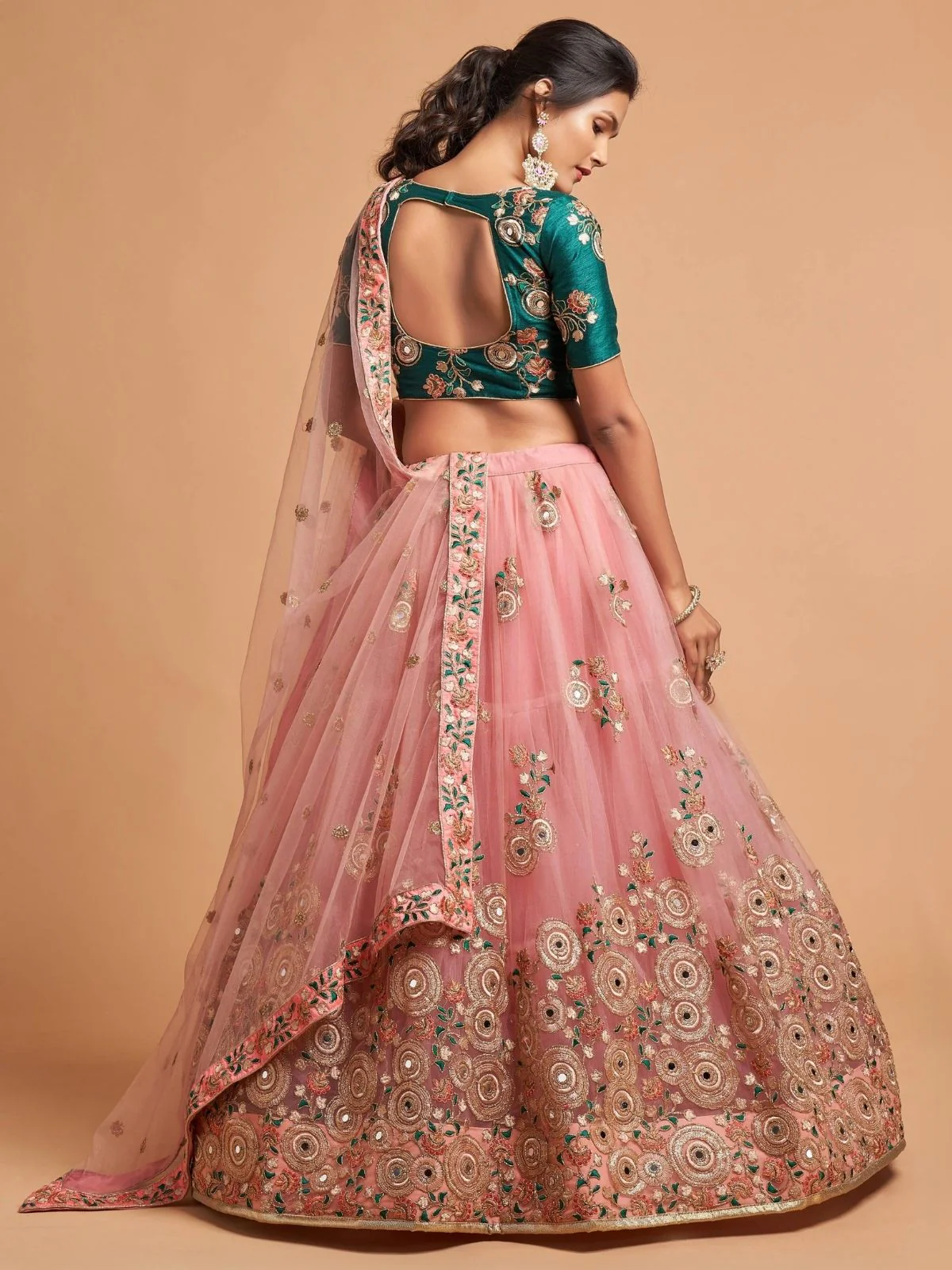 Odette Peach Soft Net Embroidered Semi Stitched Lehenga With Blouse For Women - Image 3