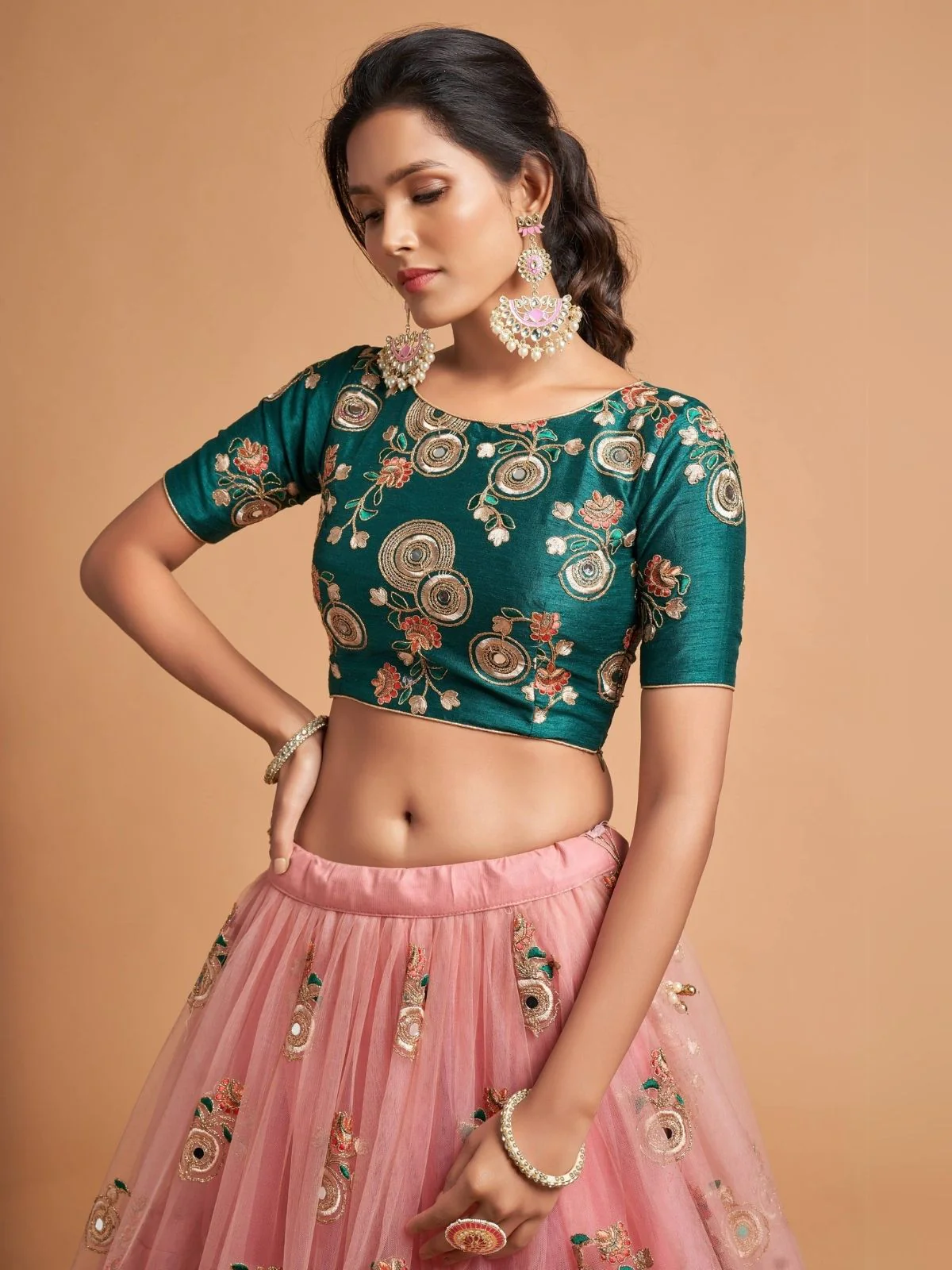 Odette Peach Soft Net Embroidered Semi Stitched Lehenga With Blouse For Women - Image 4