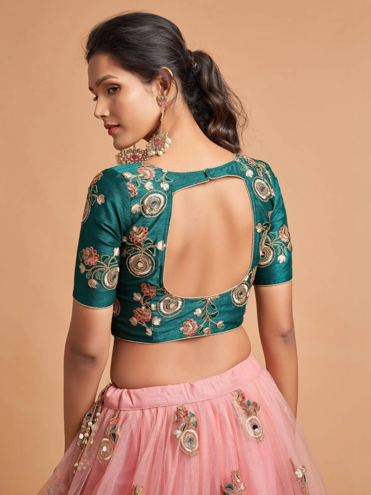 Odette Peach Soft Net Embroidered Semi Stitched Lehenga With Blouse For Women - Image 5