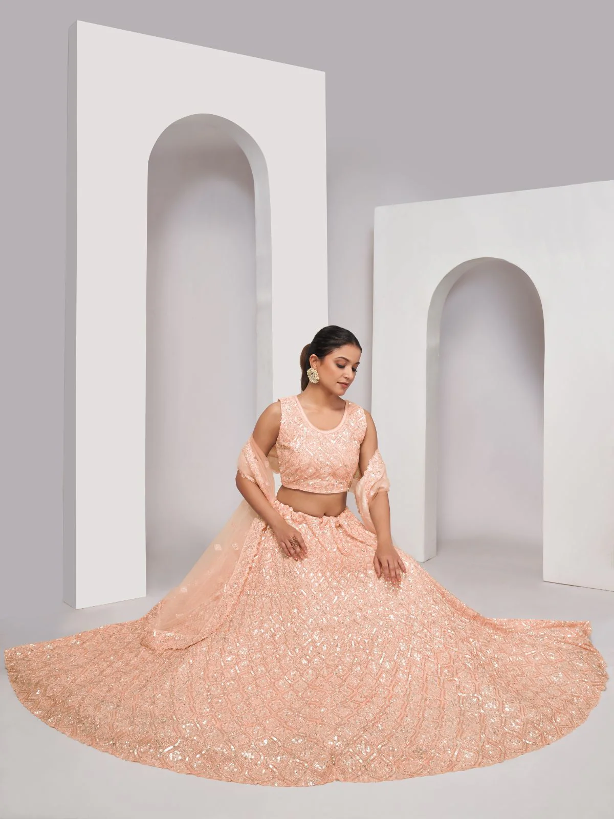 Odette Peach Soft Net Embroidered Semi Stitched Lehenga With Unstitched Blouse For Women - Image 3