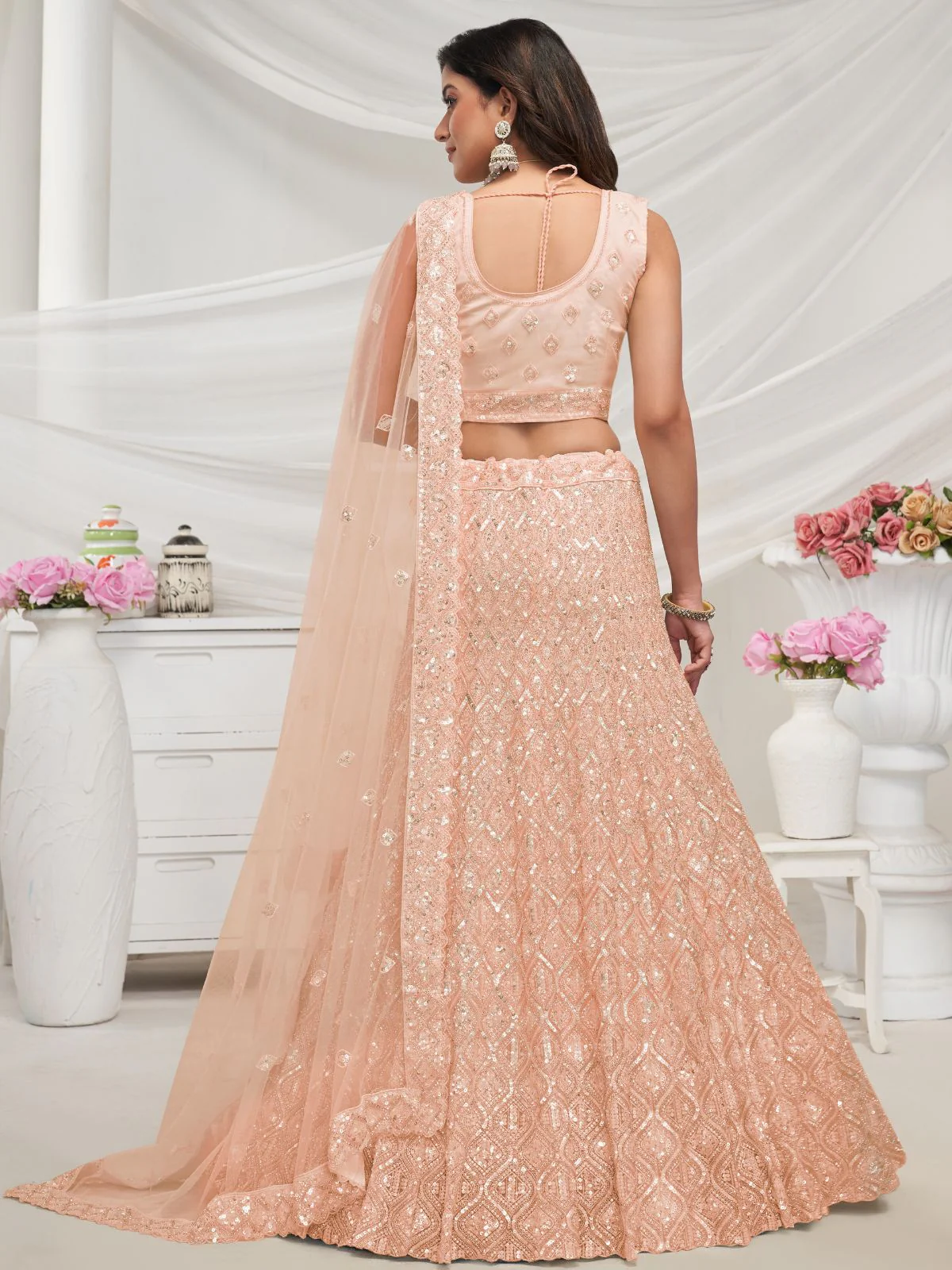 Odette Peach Soft Net Embroidered Semi Stitched Lehenga With Unstitched Blouse For Women - Image 5