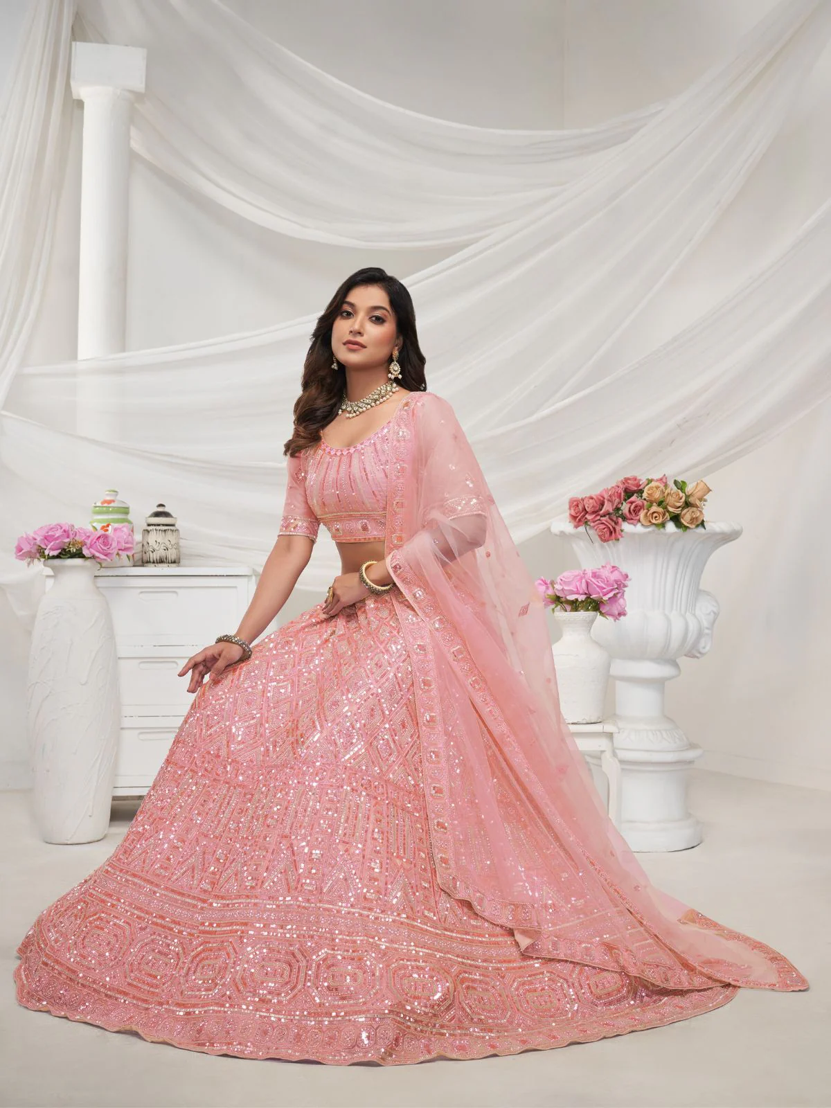 Odette Peach Soft Net Embroidered Semi Stitched Lehenga With Unstitched Blouse For Women - Image 2
