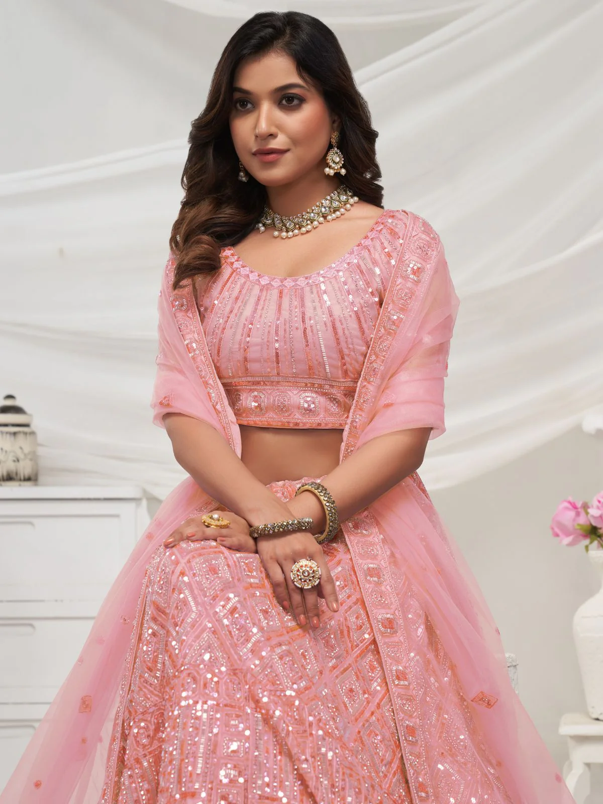 Odette Peach Soft Net Embroidered Semi Stitched Lehenga With Unstitched Blouse For Women - Image 3