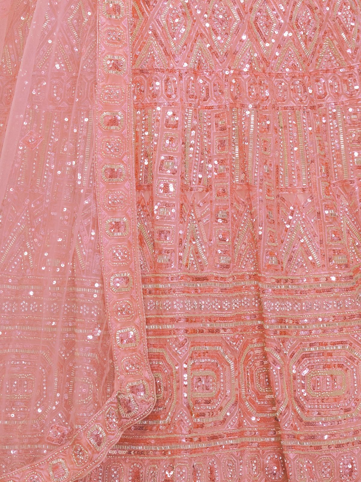 Odette Peach Soft Net Embroidered Semi Stitched Lehenga With Unstitched Blouse For Women - Image 6