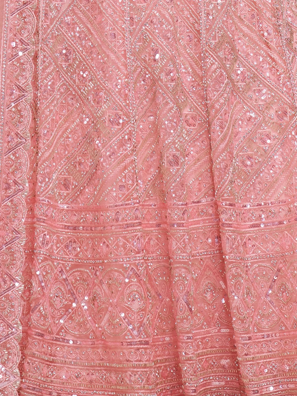 Odette Peach Soft Net Embroidered Semi Stitched Lehenga With Unstitched Blouse For Women - Image 6