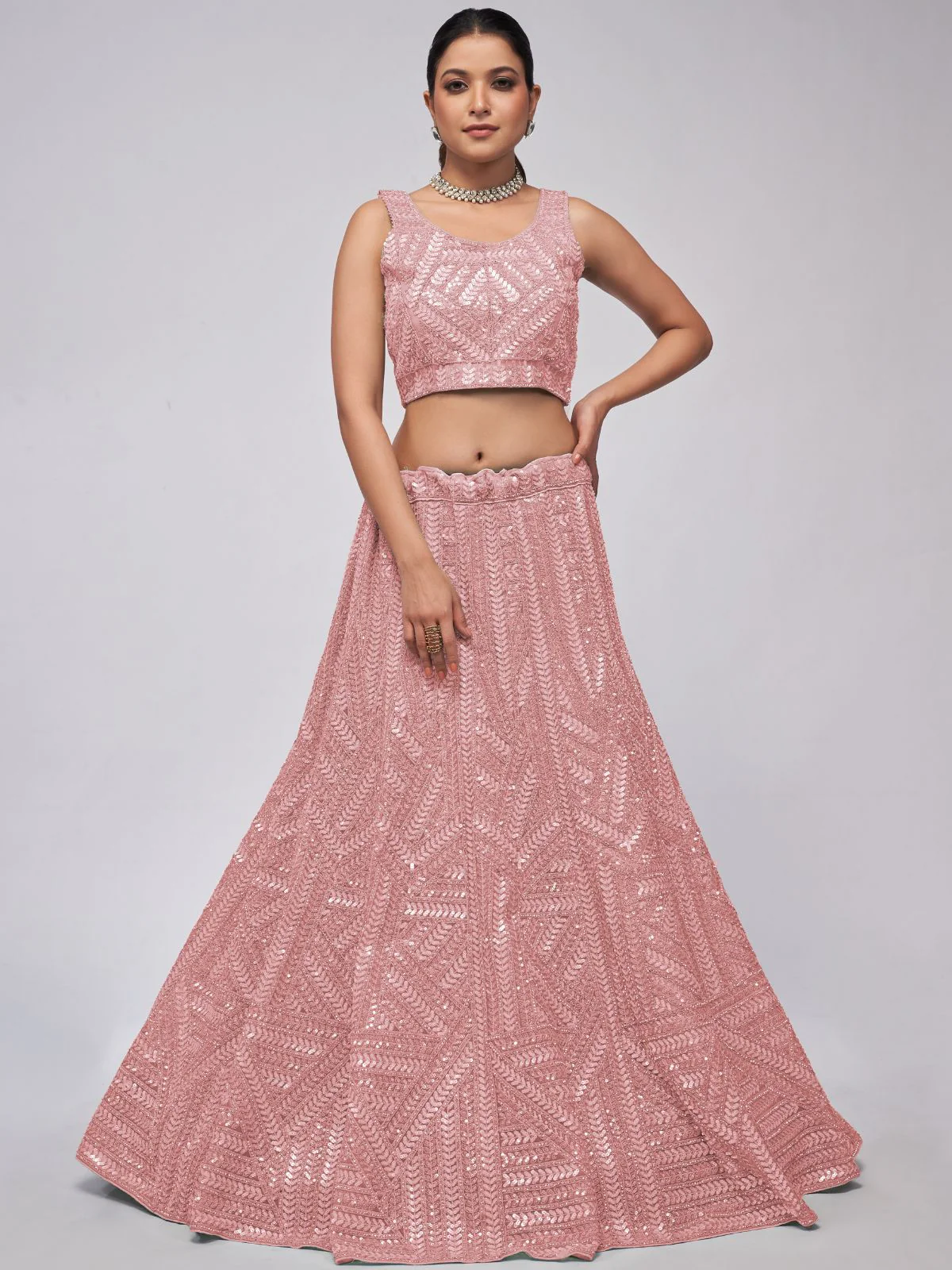 Odette Peach Soft Net Embroidered Semi Stitched Lehenga With Unstitched Blouse For Women - Image 2