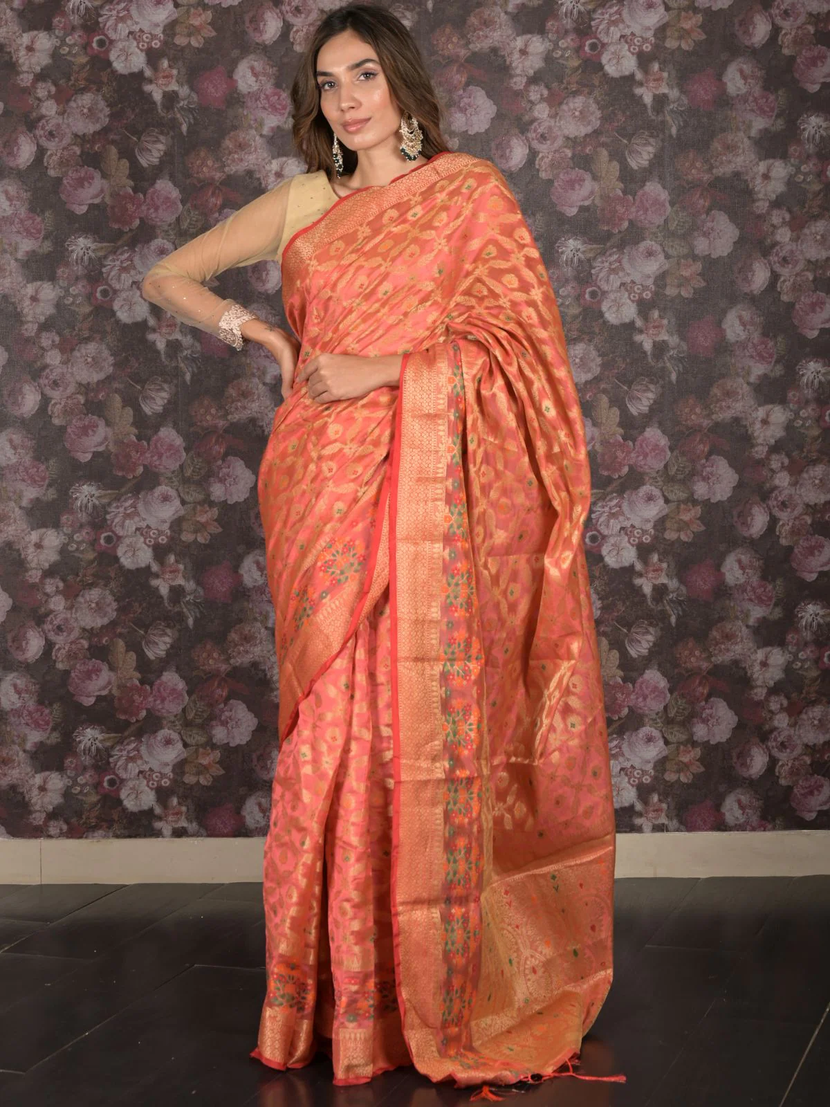 Odette Peach Tissue Silk Woven Saree with Unstitched Blouse for Women - Image 2
