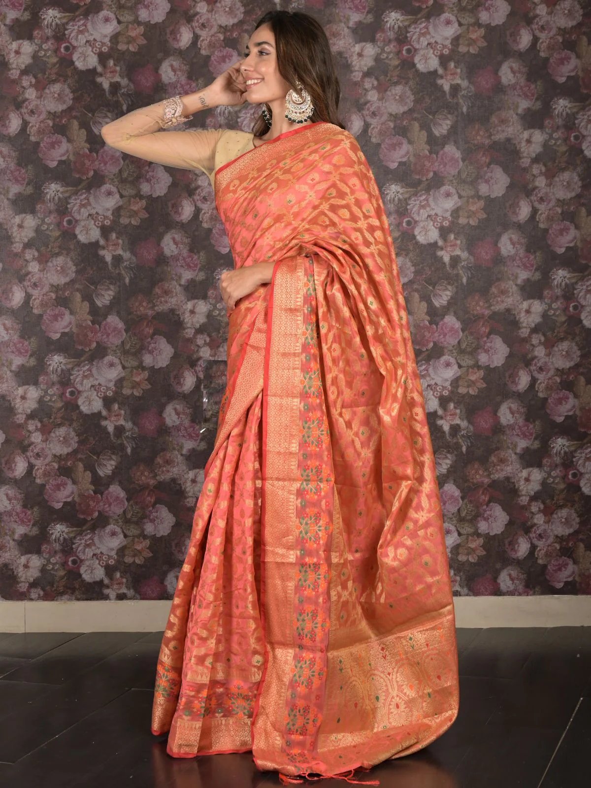 Odette Peach Tissue Silk Woven Saree with Unstitched Blouse for Women - Image 3