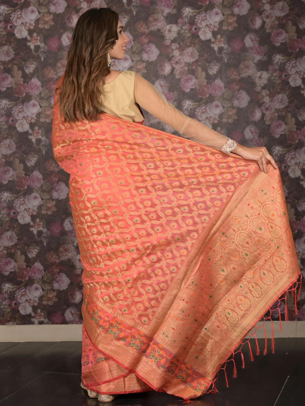Odette Peach Tissue Silk Woven Saree with Unstitched Blouse for Women - Image 4