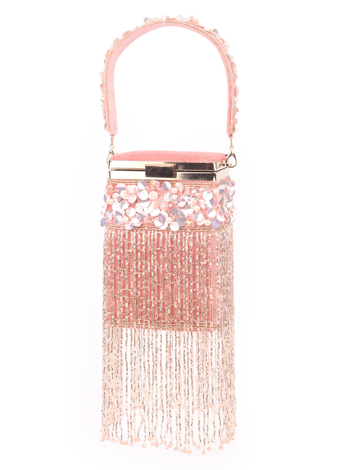 Odette Peach Velvet Beads Embellished Tasseled Clutch For Women - Image 3